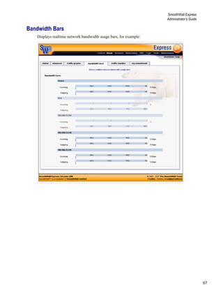 67
SmoothWall Express
Administrator’s Guide
Version
1
Bandwidth Bars
Displays realtime network bandwidth usage bars, for example:
 