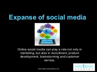 Expanse of social media

Online social media can play a role not only in
marketing, but also in recruitment, product
devel...