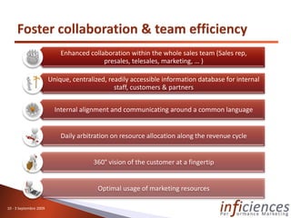 Enhanced collaboration within the whole sales team (Sales rep,
                                          presales, telesales, marketing, … )

                        Unique, centralized, readily accessible information database for internal
                                               staff, customers & partners


                          Internal alignment and communicating around a common language


                            Daily arbitration on resource allocation along the revenue cycle


                                       360° vision of the customer at a fingertip


                                         Optimal usage of marketing resources

10 - 3 Septembre 2009
 