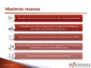 Reliability and control of revenue forecast, early warning capabilities


                         Comprehensive, flawless opportunity management & follow-up
                                  (reminders, task duration control, etc…)


                        Securing recurrent revenue (maintenance, hosting services, SAAS)


                       Personal dashboards at each level of the organization to drive activity
                                    with maximum operational effectiveness


                                  Enhanced customer satisfaction and experience


9 - 3 Septembre 2009
 