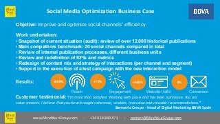 Social 
Media 
Optimization 
Business 
Case 
• Snapshot of current situation (audit): review of over 12.000 historical publications 
• Main competitors benchmark: 20 social channels compared in total 
• Review of internal publication processes, different business units 
• Review and redefinition of KPIs and metrics 
• Redesign of content mix and strategy of interactions (per channel and segment) 
• Support in the execution of a test campaign with the new interaction model 
+250% 
Reach 
+75% +463% 8% 
Engagement Website traffic Conversion 
Results: 
www.MindYourGroup.com 
-­‐ 
+34 
914 
840 
471 
-­‐ 
contact@contacto@MindYourGroup.MindYourGroup.com 
com 
Objetive: 
Improve 
and 
optimize 
social 
channels’ 
efficiency 
Work 
undertaken: 
Customer 
testimonial:“I’m 
more 
than 
satisfied. 
Working 
with 
you 
is 
and 
has 
been 
a 
pleasure. 
You 
are 
value 
creators. 
I 
believe 
that 
you 
have 
brought 
coherence, 
wisdom, 
real 
value 
and 
valuable 
recommendations.” 
Bernardo 
Crespo 
-­‐ 
Head 
of 
Digital 
Marketing 
BBVA 
Spain 
