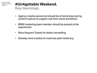 BlogWell Dallas
February 19, 2014
Page 18

#Un4gettable Weekend.
Key learnings.
• Agency creative personnel should be at h...