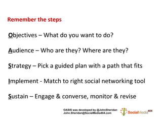 Remember the steps  O bjectives – What do you want to do? A udience – Who are they? Where are they? S trategy – Pick a guided plan with a path that fits I mplement - Match to right social networking tool S ustain – Engage & converse, monitor & revise OASIS was developed by @JohnSheridan   [email_address] 
