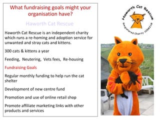 What fundraising goals might your organisation have? Haworth Cat Rescue   Haworth Cat Rescue is an independent charity which runs a re-homing and adoption service for unwanted and stray cats and kittens.  300 cats & kittens a year Feeding,  Neutering,  Vets fees,  Re-housing Fundraising  Goals   Regular monthly funding to help run the cat shelter Development of new centre fund Promotion and use of online retail shop  Promote affiliate marketing links with other products and services 
