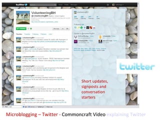 Microblogging – Twitter -  Commoncraft Video  explaining Twitter Short updates, signposts and conversation starters 