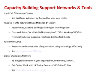 Capacity Building Support Networks & Tools <ul><li>Local CVS / Volunteer Centres </li></ul><ul><ul><li>See NAVCA or Volunt...