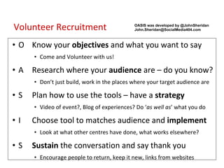Volunteer Recruitment O Know your  objectives  and what you want to say Come and Volunteer with us! A Research where your  audience  are – do you know? Don’t just build, work in the places where your target audience are S Plan how to use the tools – have a  strategy Video of event?, Blog of experiences? Do ‘ as well as ’ what you do I Choose tool to matches audience and  implement Look at what other centres have done, what works elsewhere? S Sustain  the conversation and say thank you Encourage people to return, keep it new, links from websites OASIS was developed by @JohnSheridan   [email_address] 