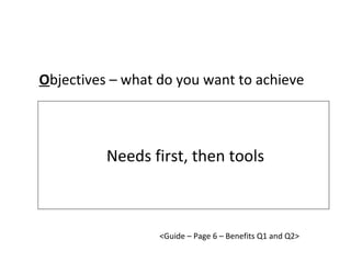 Needs first, then tools O bjectives – what do you want to achieve <Guide – Page 6 – Benefits Q1 and Q2> 