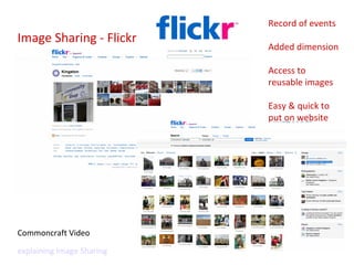 Image Sharing - Flickr Commoncraft Video  explaining Image Sharing Record of events Added dimension Access to reusable images Easy & quick to put on website 