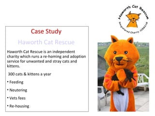 Case Study  Haworth Cat Rescue   Haworth Cat Rescue is an independent charity which runs a re-homing and adoption service for unwanted and stray cats and kittens.  300 cats & kittens a year Feeding Neutering Vets fees Re-housing 