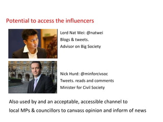 Lord Nat Wei: @natwei Blogs & tweets. Advisor on Big Society Nick Hurd: @minforcivsoc Tweets. reads and comments Minister for Civil Society Potential to access the influencers Also used by and an acceptable, accessible channel to  local MPs & councillors to canvass opinion and inform of news 