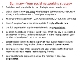 • How could your organisation use or
make more of social media to
achieve your goals?
• Have a plan thinking short, medium...