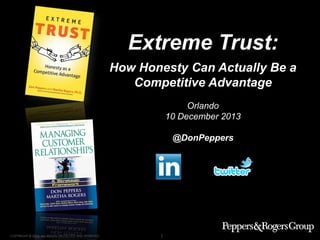 COPYRIGHT © 2013. ALL RIGHTS PROTECTED AND RESERVED. 1
Extreme Trust:
How Honesty Can Actually Be a
Competitive Advantage
Orlando
10 December 2013
@DonPeppers
 