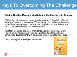 Keys To Overcoming The Challenge
Raising The Bar: Measure with Data and Get Smarter with Strategy
“Without mastering data, you’re simply working in the dark. Without
data, you’re not a professional. Without data, you will never become
better than you are right now. You can’t optimize your activities. You
can’t proactively develop your community.”
“Strategy is, by far, the most important and most high-value work.
People who strategize well combine profound understanding of
community development with advanced project management skills...”
- Rich Millington, Buzzing Communities

©2013 Walgreen Co. All rights reserved.

4

 