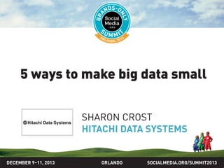 SOCIALMEDIA.ORG/SUMMIT2013ORLANDO
5 ways to make big data small
SHARON CROST
HITACHI DATA SYSTEMS
DECEMBER 9–11, 2013
 