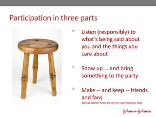 Participation in three parts
* Listen (responsibly) to
what’s being said about
you and the things you
care about
* Show up … and bring
something to the party
* Make -- and keep -- friends
and fans
(bonus advice: keep an eye on your enemies too)
