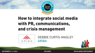 How to integrate social media
with PR, communications,
and crisis management
DEBBIE CURTIS-MAGLEY
ARIBA
DECEMBER 9–11, 2013

ORLANDO

SOCIALMEDIA.ORG/SUMMIT

 