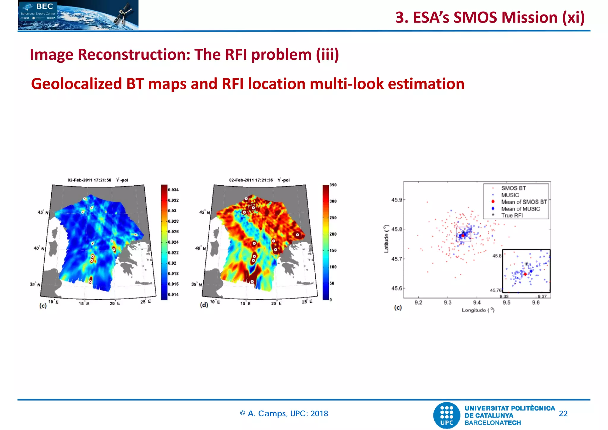 © A. Camps, UPC; 2018 22
Geolocalized BT maps and RFI location multi‐look estimation
3. ESA’s SMOS Mission (xi)
Image Reconstruction: The RFI problem (iii)
 