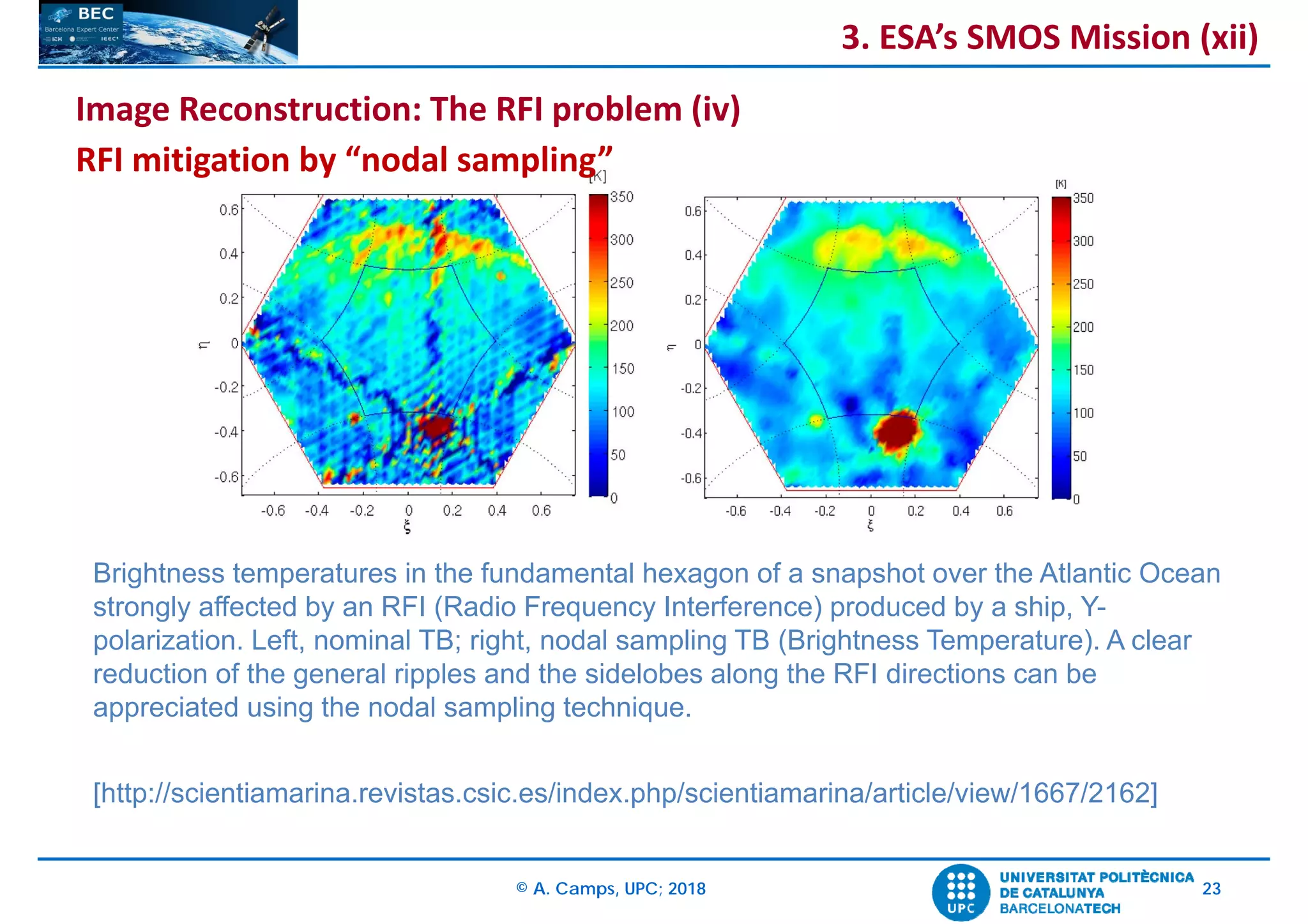© A. Camps, UPC; 2018 23
Brightness temperatures in the fundamental hexagon of a snapshot over the Atlantic Ocean
strongly affected by an RFI (Radio Frequency Interference) produced by a ship, Y-
polarization. Left, nominal TB; right, nodal sampling TB (Brightness Temperature). A clear
reduction of the general ripples and the sidelobes along the RFI directions can be
appreciated using the nodal sampling technique.
[http://scientiamarina.revistas.csic.es/index.php/scientiamarina/article/view/1667/2162]
RFI mitigation by “nodal sampling”
3. ESA’s SMOS Mission (xii)
Image Reconstruction: The RFI problem (iv)
 
