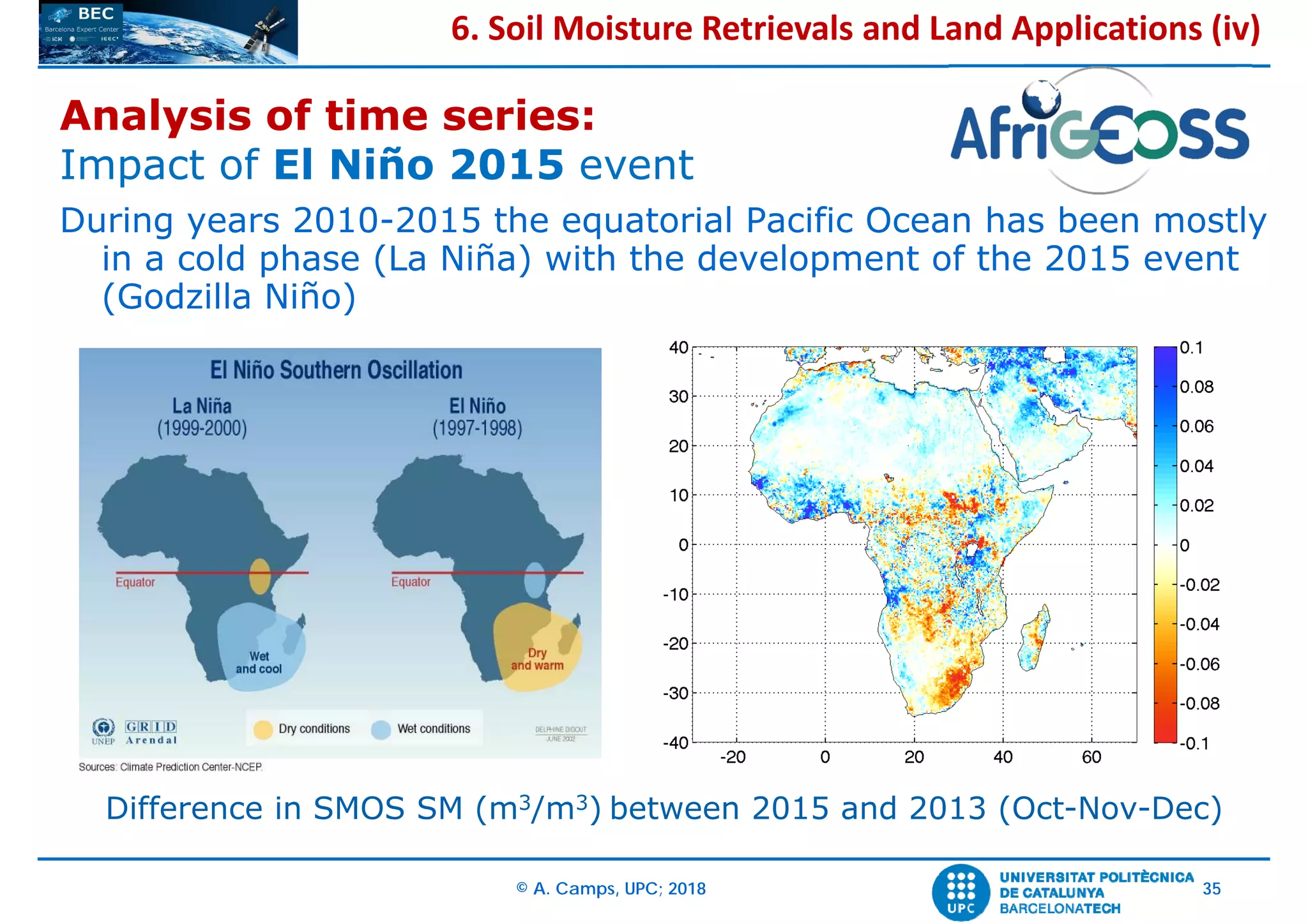 © A. Camps, UPC; 2018 35
During years 2010-2015 the equatorial Pacific Ocean has been mostly
in a cold phase (La Niña) with the development of the 2015 event
(Godzilla Niño)
Analysis of time series:
Impact of El Niño 2015 event
Difference in SMOS SM (m3/m3) between 2015 and 2013 (Oct-Nov-Dec)
6. Soil Moisture Retrievals and Land Applications (iv)
 