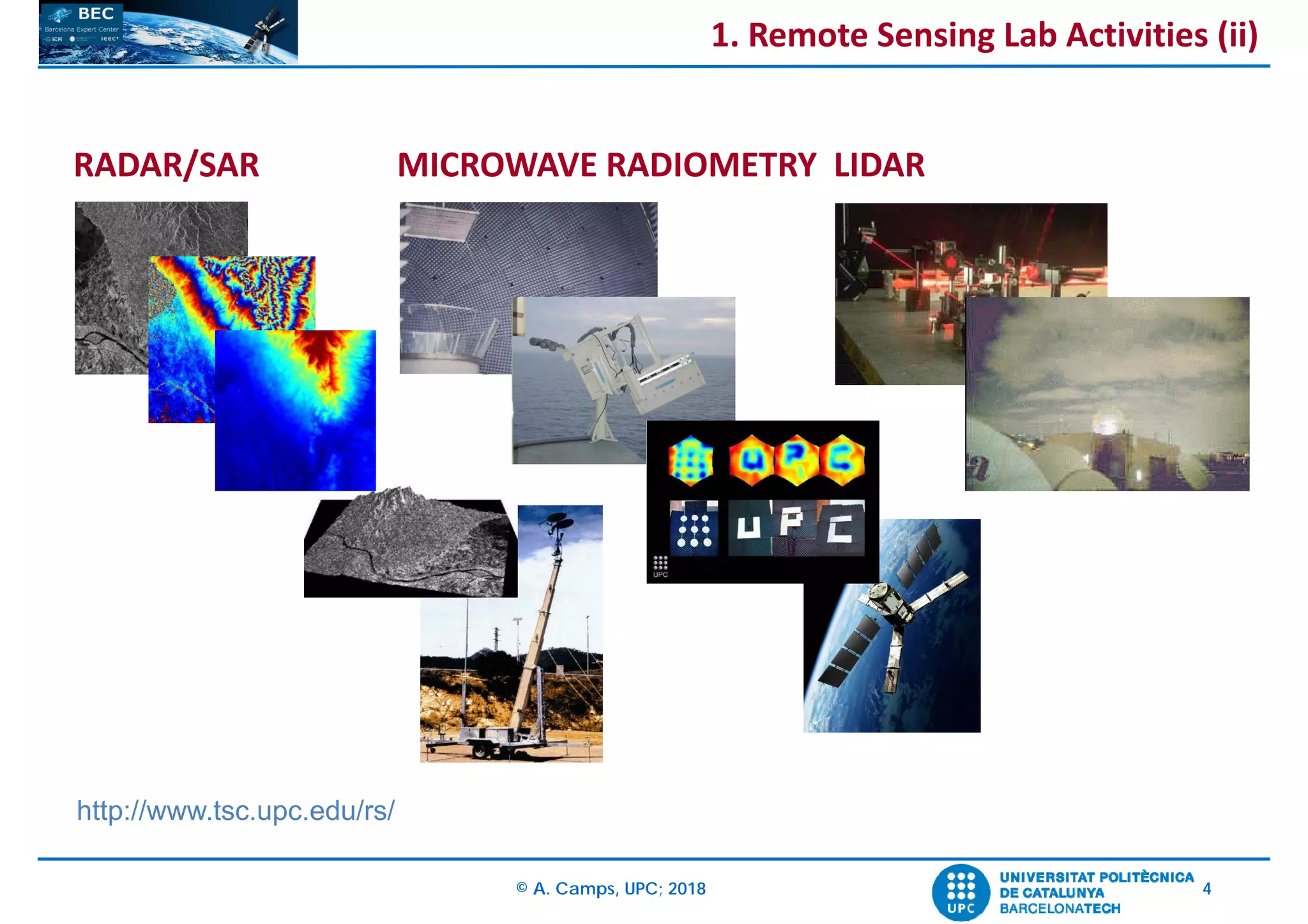 © A. Camps, UPC; 2018 4
RADAR/SAR     MICROWAVE RADIOMETRY  LIDAR
http://www.tsc.upc.edu/rs/
1. Remote Sensing Lab Activities (ii)
 