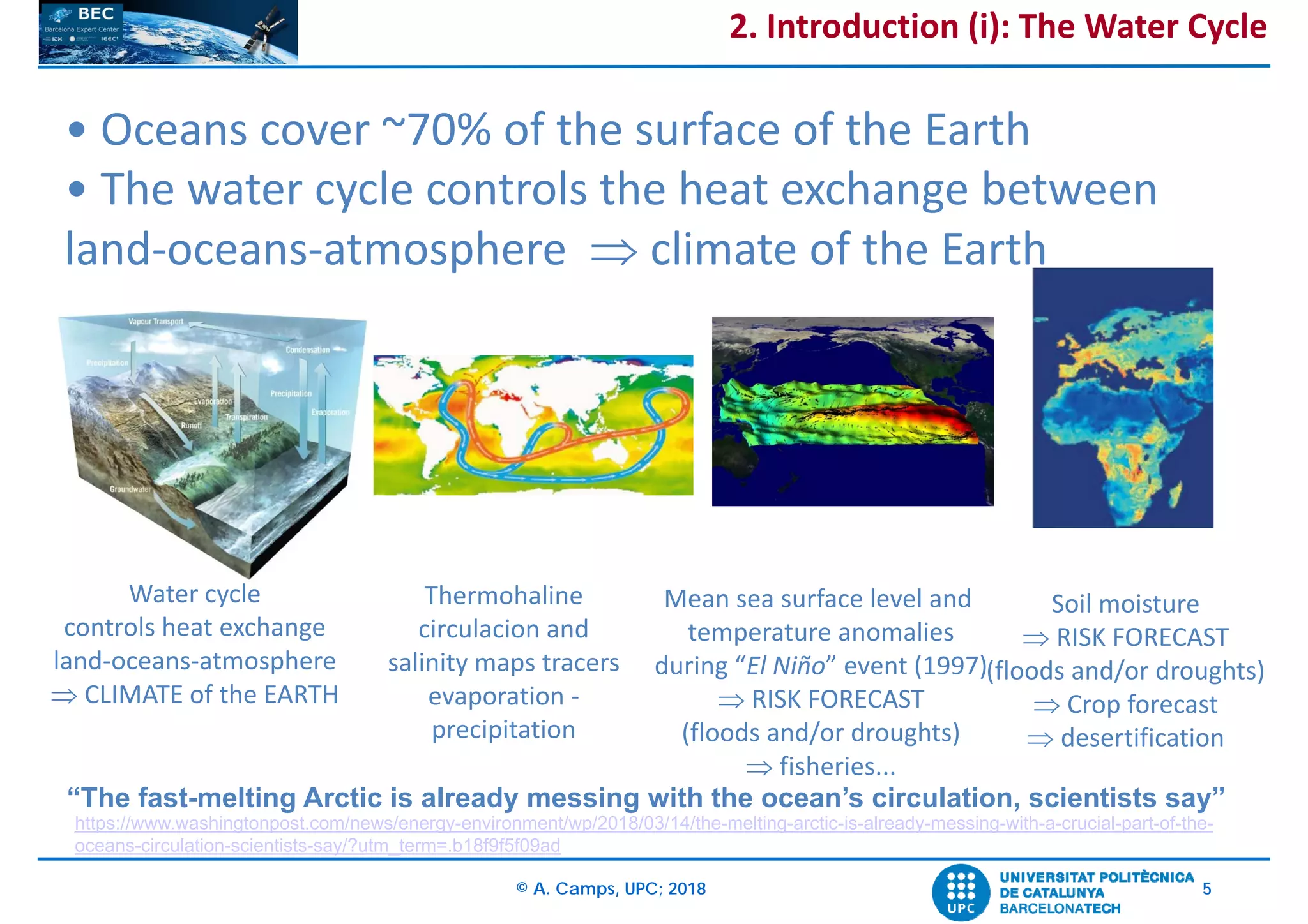 © A. Camps, UPC; 2018 5
2. Introduction (i): The Water Cycle
• Oceans cover ~70% of the surface of the Earth
• The water cycle controls the heat exchange between
land‐oceans‐atmosphere  climate of the Earth
Thermohaline 
circulacion and
salinity maps tracers
evaporation ‐
precipitation
Mean sea surface level and 
temperature anomalies
during “El Niño” event (1997)
 RISK FORECAST
(floods and/or droughts)
 fisheries...
Water cycle
controls heat exchange
land‐oceans‐atmosphere
 CLIMATE of the EARTH
Soil moisture
 RISK FORECAST
(floods and/or droughts)
 Crop forecast
 desertification
https://www.washingtonpost.com/news/energy-environment/wp/2018/03/14/the-melting-arctic-is-already-messing-with-a-crucial-part-of-the-
oceans-circulation-scientists-say/?utm_term=.b18f9f5f09ad
“The fast-melting Arctic is already messing with the ocean’s circulation, scientists say”
 
