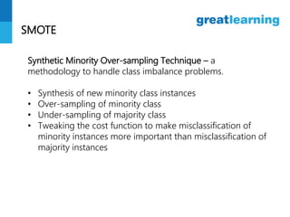SMOTE
Synthetic Minority Over-sampling Technique – a
methodology to handle class imbalance problems.
• Synthesis of new minority class instances
• Over-sampling of minority class
• Under-sampling of majority class
• Tweaking the cost function to make misclassification of
minority instances more important than misclassification of
majority instances
 