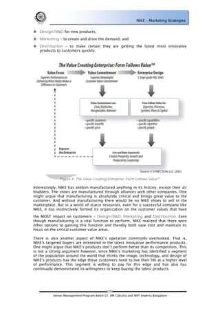NIKE – Marketing Strategies


 Design/R&D for new products;
 Marketing – to create and drive the demand; and
 Distribution – to make certain they are getting the latest most innovative
  products to customers quickly.




               Figure 4: The Value Creating Enterprise: Form Follows ValueTM

Interestingly, NIKE has seldom manufactured anything in its history, except their air
bladders. The shoes are manufactured through alliances with other companies. One
might argue that manufacturing is absolutely critical and brings great value to the
customer. And without manufacturing there would be no NIKE shoes to sell in the
marketplace. But in a world of scarce resources, even for a successful company like
NIKE, it has instinctively formed its organization on the customer values that have
the MOST impact on customers – Design/R&D, Marketing and Distribution. Even
though manufacturing is a vital function to perform, NIKE realized that there were
other options to gaining this function and thereby both save cost and maintain its
focus on the critical customer value areas.

There is also another aspect of NIKE‘s operation commonly overlooked. That is,
NIKE‘s targeted buyers are interested in the latest innovative performance products.
One might argue that NIKE‘s products don‘t perform better than its competitors. This
is not a strong argument however, since NIKE‘s marketing has identified a segment
of the population around the world that thinks the image, technology, and design of
NIKE‘s products has the edge these customers need to live their life at a higher level
of performance. This segment is willing to pay for this edge and has also has
continually demonstrated its willingness to keep buying the latest products.




                                             (10)
           Senior Management Program Batch 07, IIM Calcutta and NIIT Imperia Bangalore
 
