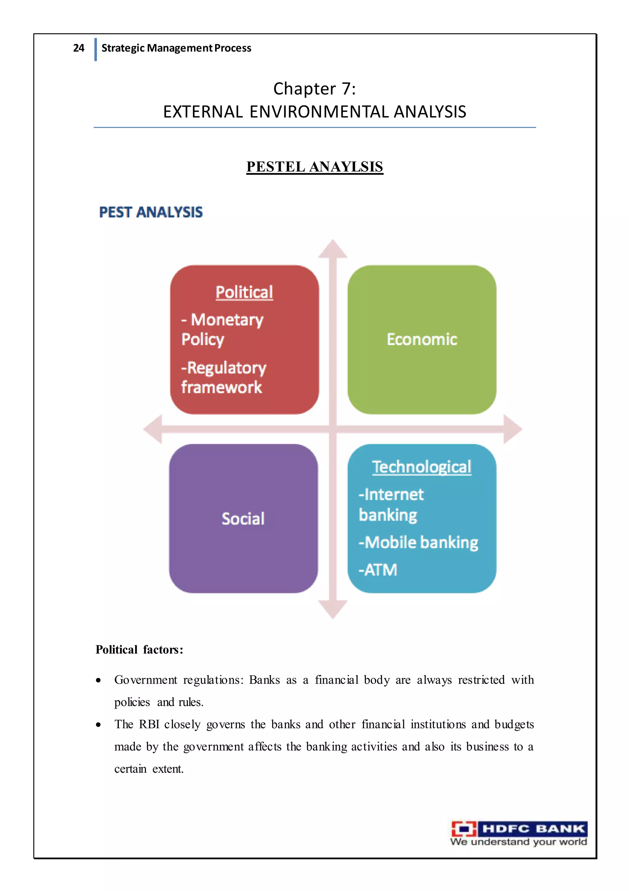 24 Strategic ManagementProcess
Chapter 7:
EXTERNAL ENVIRONMENTAL ANALYSIS
PESTEL ANAYLSIS
Political factors:
 Government regulations: Banks as a financial body are always restricted with
policies and rules.
 The RBI closely governs the banks and other financial institutions and budgets
made by the government affects the banking activities and also its business to a
certain extent.
 