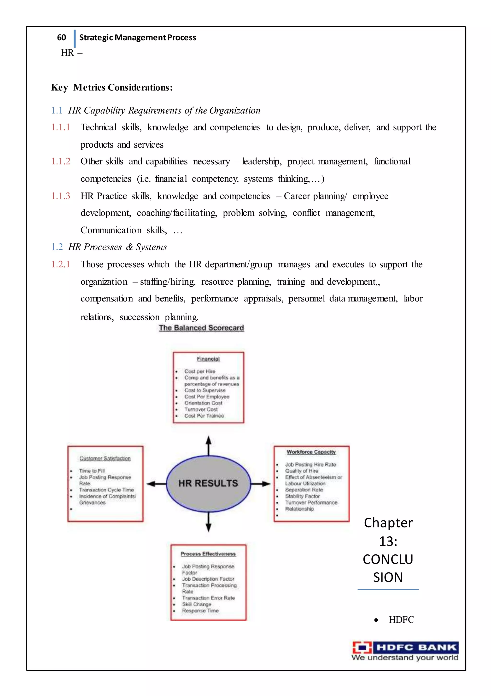 60 Strategic ManagementProcess
Chapter
13:
CONCLU
SION
 HDFC
HR –
Key Metrics Considerations:
1.1 HR Capability Requirements of the Organization
1.1.1 Technical skills, knowledge and competencies to design, produce, deliver, and support the
products and services
1.1.2 Other skills and capabilities necessary – leadership, project management, functional
competencies (i.e. financial competency, systems thinking,…)
1.1.3 HR Practice skills, knowledge and competencies – Career planning/ employee
development, coaching/facilitating, problem solving, conflict management,
Communication skills, …
1.2 HR Processes & Systems
1.2.1 Those processes which the HR department/group manages and executes to support the
organization – staffing/hiring, resource planning, training and development,,
compensation and benefits, performance appraisals, personnel data management, labor
relations, succession planning.
 