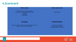 4.Scorecard
8
●
Wat werkt ●
Wat werkt niet
●
-Grote schrijvers voor signeersessies
●
-samenwerking met standaard boekhandel
●
-nocturnes
●
-sprekers
●
-themadagen
●
●
Lange teksten
●
Strategy ●
Doelstellingen
●
Elke post moet een beeld of meerdere beelden & video’s
hebben om de aandacht te trekken.
●
-meer gasten aantrekken
●
-meer boeken verkopen
●
-een groots evenement houden
 