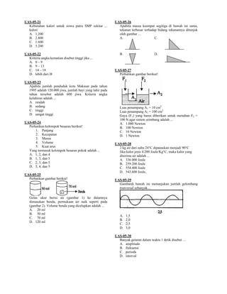 UAS-05-21                                                 UAS-05-26
  Kebutuhan kalori untuk siswa putra SMP sekitar ...        Apabila massa keempat segitiga di bawah ini sama,
  kalori                                                    tekanan terbesar terhadap bidang tekanannya ditunjuk
  A. 1.200                                                  oleh gambar ...
  B. 2.800                                                  A.                      C.
  C. 1.600
  D. 3.200

UAS-05-22                                                    B.                     D.
  Kriteria angka kematian disebut tinggi jika ...
  A. 0 – 9
  B. 9 – 13
  C. 14 – 18                                              UAS-05-27
  D. lebih dari l8                                          Perhatikan gambar berikut!

UAS-05-23
  Apabila jumlah penduduk kota Makasar pada tahun
  1995 adalah 120.000 jiwa, jumlah bayi yang lahir pada
  tahun tersebut adalah 600 jiwa. Kriteria angka
  kelahiran adalah ...
  A. rendah
  B. sedang                                                  Luas penampang A1 = 10 cm2
  C. tinggi                                                  Luas penampang A2 = 100 cm2
  D. sangat tinggi                                           Gaya (F1) yang harus diberikan untuk menahan F2 =
                                                             100 N agar sistem seimbang adalah ...
UAS-05-24                                                    A. 1.000 Newton
  Perhatikan kelompok besaran berikut!                       B. 100 Newton
      1. Panjang                                             C. 10 Newton
      2. Kecepatan                                           D. 1 Newton
      3. Massa
      4. Volume                                           UAS-05-28
      5. Kuat arus                                          2 kg air dari suhu 24°C dipanaskan menjadi 90°C
  Yang termasuk kelompok besaran pokok adalah ...           Jika kalor jenis 4.200 Joule/Kg°C, maka kalor yang
  A. 1, 2, dan 4                                            diterima air adalah ...
  B. 1, 3, dan 5                                            A. 336.000 Joule
  C. 2, 3, dan 5                                            B. 259.200 Joule
  D. 3, 4, dan 5                                            C. 554.400 Joule
                                                            D. 543.600 Joule,
UAS-05-25
  Perhatikan gambar berikut!                              UAS-05-29
                                                            Gambardi bawah ini menunjukan jumlah gelombang
                                                            tranversal sebanyak....

   Gelas ukur berisi air (gambar 1) ke dalamnya
   dimasukan benda, permukaan air naik seperti pada
   (gambar 2). Volume benda yang dicelupkan adalah ...
   A. 20 ml
   B. 50 ml
                                                             A.   1,5
   C. 70 ml
                                                             B.   2,0
   D. 120 ml
                                                             C.   2,5
                                                             D.   3,0

                                                          UAS-05-30
                                                            Banyak getaran dalam waktu 1 detik disebut …
                                                            A. amplitudo
                                                            B. frekuensi
                                                            C. perioda
                                                            D. interval
 