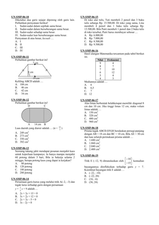 UN-SMP-06-10                                               UN-SMP-06-15
  Diketahui dua garis sejajar dipotong oleh garis lain.      Di toko alat tulis, Tuti membeli 2 pensil dan 3 buku
  Perhatikan pernyataan berikut!                             tulis seharga Rp. 15.500,00. Di toko yang sama, Lina
  I. Sudut-sudut dalam sepihak sama besar.                   membeli 4 pensil dan 1 buku tulis seharga Rp.
  II. Sudut-sudut dalam berseberangan sama besar.            13.500,00. Bila Putri membeli 1 pensil dan 2 buku tulis
  III. Sudut-sudut sehadap sama besar.                       di toko tersebut, Putri harus membayar sebesar …
  IV. Sudut-sudut luar berseberangan sama besar.             A. Rp. 6.000,00
  Pernyataan di atas benar, kecuali …                        B. Rp. 7.000,00
  A. I                                                       C. Rp. 8.500,00
  B. II                                                      D. Rp. 9.500,00
  C. III
  D. IV                                                    UN-SMP-06-16
                                                             Hasil ulangan Matematika tercantum pada tabel berikut
UN-SMP-06-11                                                 ini.
  Perhatikan gambar berikut ini!                                         Nilai  Frekuensi
                 7 cm                                                      9         4
                                                                           8         7
                                                                           7        10
               8 cm                                                        6        12
                                                                           5         4
                 19 cm                                                     4         3
   Keliling ABCD adalah …                                    Mediannya adalah …
   A. 104 cm                                                 A. 6
   B. 46 cm                                                  B. 6,5
   C. 42 cm                                                  C. 7
   D. 34 cm                                                  D. 12

UN-SMP-06-12                                               UN-SMP-06-17
  Perhatikan gambar berikut ini!                             Alas limas berbentuk belahketupat memiliki diagonal 8
              D             C                                cm dan 10 cm. Jika tinggi limas 12 cm, maka volum
                                                             limas adalah …
                                                             A. 150 cm2
                                                             B. 320 cm2
                                                             C. 480 cm2
                                                             D. 960 cm2
              A     14 cm B
                                            22
   Luas daerah yang diarsir adalah … (π =        )         UN-SMP-06-18
                                            7
               2                                             Prisma tegak ABCD.EFGH beralaskan persegi-panjang
   A.   249 cm                                               dengan AB = 18 cm dan BC = 10 cm. Bila AE = 30 cm
   B.   273 cm2                                              dan luas seluruh permukaan prisma adalah …
   C.   350 cm2                                              A. 1.680 cm2
   D.   392 cm2                                              B. 1.860 cm2
                                                             C. 2.040 cm2
UN-SMP-06-13                                                 D. 2.400 cm2
  Seoramg tukang jahit mendapat pesanan menjahit kaos
  untuk keperluan kampanye. Ia hanya mampu menjahit        UN-SMP-06-19
  60 potong dalam 3 hari, Bila ia bekerja selama 2
  minggu, berapa potong kaos yang dapat ia kerjakan?                                               ⎡− 10⎤
                                                              Titik E (–12, 9) ditranslasikan oleh ⎢    ⎥ kemudian
  A. 80 potong                                                                                     ⎣− 15⎦
  B. 120 potong                                               bayangannya direfleksikan terhadap garis y = 7.
  C. 180 potong                                               Koordinat bayangan titik E adalah …
  D. 280 potong                                               A. (–22, –10)
                                                              B. (–22, 20)
UN-SMP-06-14                                                  C. (16, –6)
  Persamaan garis kurus yang melalui titik A(–2, –3) dan      D. (36, 24)
  tegak lurus terhadap garis dengan persamaan
  y = 2 x + 9 adalah …
        3
   A.   2x + 3y + 13 = 0
   B.   3x + 2y + 12 = 0
   C.   2x + 3y – 5 = 0
   D.   3x – 2y = 0
 