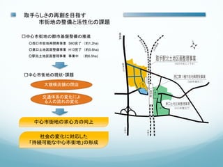 取手らしさの再創を目指す
   市街地の整備と活性化の課題

□中心市街地の都市基盤整備の推進
 ○西口市街地再開発事業 S60完了 （約1.2ha)
 ○東口土地区画整備事業 H13完了 （約5.6ha)
 ○駅北土地区画整理事業 事業中     （約6.5ha)




□中心市街地の現状・課題

      大規模店舗の閉店

      交通体系の変化によ
      る人の流れの変化



  中心市街地の求心力の向上

    社会の変化に対応した
 「持続可能な中心市街地」の形成
 