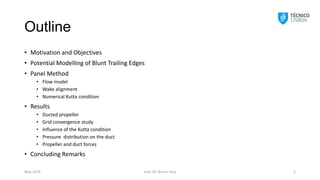 Outline
• Motivation and Objectives
• Potential Modelling of Blunt Trailing Edges
• Panel Method
• Flow model
• Wake alignment
• Numerical Kutta condition
• Results
• Ducted propeller
• Grid convergence study
• Influence of the Kutta condition
• Pressure distribution on the duct
• Propeller and duct forces
• Concluding Remarks
smp´19, Rome, Italy 2
May 2019
 