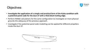 Objectives
smp´19, Rome, Italy 4
May 2019
• Investigate the application of a simple and practical form of the Kutta condition with
a potential panel code for the duct 37 with a thick blunt trailing edge.
• Perform RANSE calculations for the same configuration to investigate on more physical
grounds the adequacy of the previous approach.
• Investigate if the potential panel code modelling can be applied for different propellers
inside the duct 37.
 
