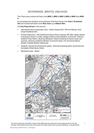 The above provides the local details in respect of the SMP-wide policy presented in the preceding sections of this Plan
document. These details must be read in the context of the wider-scales issues and policy implications, as reported therein.
Severn Estuary SMP2 Review – Final Report
1
SEVERNSIDE, BRISTOL AND AVON
This Theme area contains the Policy Units BRIS 1, BRIS 2, BRIS 3, BRIS 4, BRIS 5 and BRIS
6.
It encompasses the shoreline on the east bank of the River Severn from Aust to Portishead
Pier and includes both banks of the River Avon up to Netham Weir.
The Key Policy Drivers in this area are:
• International nature conservation sites – Severn Estuary SAC, SPA and Ramsar, Avon
Gorge Woodlands SAC;
• Critical infrastructure – M4 (including the Severn Road Crossing), M5, M49, railway network
(including the Severn Tunnels), sewage treatment works (Bedwick, Avonmouth, Portbury),
Seabank Power Station, electricity distribution network (including the Severn power line
crossing), electricity substations (Bristol), Avonmouth Docks, Fire and police stations
(Bristol), hospitals (Bristol), lighthouses;
• Industrial, commercial and economic assets - chemical processing plants, Avonmouth port
fuel depots, Bristol docks, Bristol;
• Residential areas – Bristol.
 