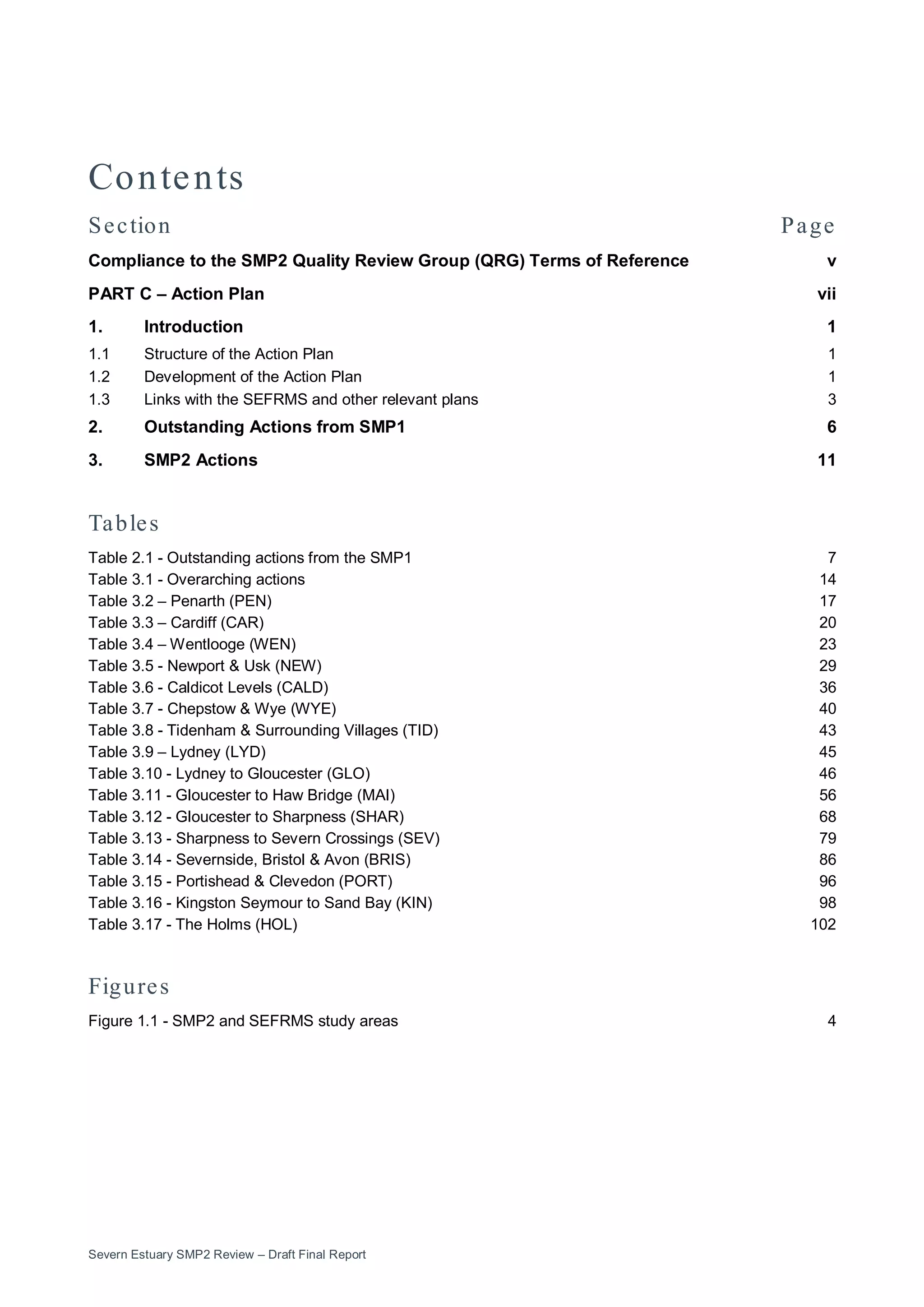 Severn Estuary SMP2 Review – Draft Final Report
Contents
Section Page
Compliance to the SMP2 Quality Review Group (QRG) Terms of Reference v
PART C – Action Plan vii
1. Introduction 1
1.1 Structure of the Action Plan 1
1.2 Development of the Action Plan 1
1.3 Links with the SEFRMS and other relevant plans 3
2. Outstanding Actions from SMP1 6
3. SMP2 Actions 11
Tables
Table 2.1 - Outstanding actions from the SMP1 7
Table 3.1 - Overarching actions 14
Table 3.2 – Penarth (PEN) 17
Table 3.3 – Cardiff (CAR) 20
Table 3.4 – Wentlooge (WEN) 23
Table 3.5 - Newport & Usk (NEW) 29
Table 3.6 - Caldicot Levels (CALD) 36
Table 3.7 - Chepstow & Wye (WYE) 40
Table 3.8 - Tidenham & Surrounding Villages (TID) 43
Table 3.9 – Lydney (LYD) 45
Table 3.10 - Lydney to Gloucester (GLO) 46
Table 3.11 - Gloucester to Haw Bridge (MAI) 56
Table 3.12 - Gloucester to Sharpness (SHAR) 68
Table 3.13 - Sharpness to Severn Crossings (SEV) 79
Table 3.14 - Severnside, Bristol & Avon (BRIS) 86
Table 3.15 - Portishead & Clevedon (PORT) 96
Table 3.16 - Kingston Seymour to Sand Bay (KIN) 98
Table 3.17 - The Holms (HOL) 102
Figures
Figure 1.1 - SMP2 and SEFRMS study areas 4
 