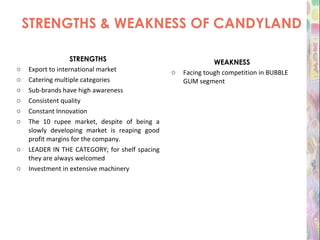 STRENGTHS & WEAKNESS OF CANDYLAND STRENGTHS Export to international market Catering multiple categories Sub-brands have high awareness Consistent quality Constant Innovation The 10 rupee market, despite of being a slowly developing market is reaping good profit margins for the company.  LEADER IN THE CATEGORY; for shelf spacing they are always welcomed Investment in extensive machinery WEAKNESS Facing tough competition in BUBBLE GUM segment 
