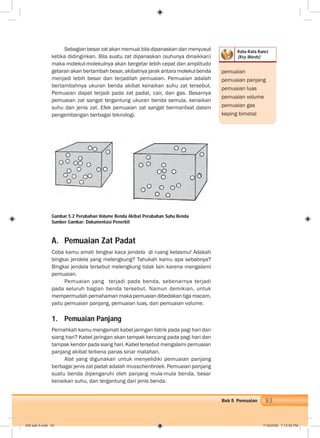 93Bab 5 Pemuaian
Kata-Kata Kunci
(Key Words)
pemuaian
pemuaian panjang
pemuaian luas
pemuaian volume
pemuaian gas
keping bimetal
Sebagian besar zat akan memuai bila dipanaskan dan menyusut
ketika didinginkan. Bila suatu zat dipanaskan (suhunya dinaikkan)
maka molekul-molekulnya akan bergetar lebih cepat dan amplitudo
getaran akan bertambah besar, akibatnya jarak antara molekul benda
menjadi lebih besar dan terjadilah pemuaian. Pemuaian adalah
bertambahnya ukuran benda akibat kenaikan suhu zat tersebut.
Pemuaian dapat terjadi pada zat padat, cair, dan gas. Besarnya
pemuaian zat sangat tergantung ukuran benda semula, kenaikan
suhu dan jenis zat. Efek pemuaian zat sangat bermanfaat dalam
pengembangan berbagai teknologi.
Gambar 5.2 Perubahan Volume Benda Akibat Perubahan Suhu Benda
Sumber Gambar: Dokumentasi Penerbit
A. Pemuaian Zat Padat
Coba kamu amati bingkai kaca jendela di ruang kelasmu! Adakah
bingkai jendela yang melengkung? Tahukah kamu apa sebabnya?
Bingkai jendela tersebut melengkung tidak lain karena mengalami
pemuaian.
Pemuaian yang terjadi pada benda, sebenarnya terjadi
pada seluruh bagian benda tersebut. Namun demikian, untuk
mempermudah pemahaman maka pemuaian dibedakan tiga macam,
yaitu pemuaian panjang, pemuaian luas, dan pemuaian volume.
1. Pemuaian Panjang
Pernahkah kamu mengamati kabel jaringan listrik pada pagi hari dan
siang hari? Kabel jaringan akan tampak kencang pada pagi hari dan
tampak kendor pada siang hari. Kabel tersebut mengalami pemuaian
panjang akibat terkena panas sinar matahari.
Alat yang digunakan untuk menyelidiki pemuaian panjang
berbagai jenis zat padat adalah musschenbroek. Pemuaian panjang
suatu benda dipengaruhi oleh panjang mula-mula benda, besar
kenaikan suhu, dan tergantung dari jenis benda.
Ganti gb
006 bab 5.indd 93 7/18/2008 7:13:50 PM
 