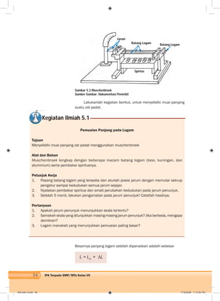 94 IPA Terpadu SMP/MTs Kelas VII
Lakukanlah kegiatan berikut, untuk menyelidiki muai panjang
suatu zat padat.
Gambar 5.3 Muschenbroek
Sumber Gambar: Dokumentasi Penerbit
Kegiatan Ilmiah 5.1
Pemuaian Panjang pada Logam
Tujuan
Menyelidiki muai panjang zat padat menggunakan muschenbroek
Alat dan Bahan
Muschenbroek lengkap dengan beberapa macam batang logam (besi, kuningan, dan
aluminium) serta pembakar spiritusnya.
Petunjuk Kerja
1. Pasang batang logam yang tersedia dan aturlah posisi jarum dengan memutar sekrup
pengatur sampai kedudukan semua jarum sejajar.
2. Nyalakan pembakar spiritus dan amati perubahan kedudukan pada jarum penunjuk.
3. Setelah 5 menit, lakukan pengamatan pada jarum penunjuk! Catatlah hasilnya.
Pertanyaan
1. Apakah jarum penunjuk menunjukkan skala tertentu?
2. Samakah skala yang ditunjukkan masing-masing jarum penunjuk? Jika berbeda, mengapa
demikian?
3. Logam manakah yang menunjukkan pemuaian paling besar?
Besarnya panjang logam setelah dipanaskan adalah sebesar
L = L0
+ ∆L
Jarum
Batang Logam Batang Logam
Spirtus
006 bab 5.indd 94 7/18/2008 7:13:50 PM
 