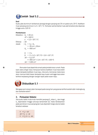 97Bab 5 Pemuaian
Soal
Suatu plat aluminium berbentuk persegi dengan panjang sisi 20 cm pada suhu 25o
C. Koeﬁsien
muai panjang aluminium 1,2 10-5
/o
C. Tentukan pertambahan luas plat tersebut jika dipanasi
hingga suhu 125o
C!
Pembahasan
Diketahui : So
= 20 cm
∆T = 100o
C
α = 1,2 10-5
/o
C
Ditanya : ∆A
Jawab : A0
= S0
S0
= 20 cm 20cm
A0
= 400 cm2
β = 2 α
β = 2 1,2 10-5
/o
C = 2,4 10-5
/o
C
∆A = A0
β ∆T
= 400 cm2
2,4 10-5
/o
C 100 o
C
∆A = 0,96 cm2
Contoh Soal 5.2CC
Pemuaian luas dapat kita amati pada jendela kaca rumah. Pada
saat udara dingin kaca menyusut karena koeﬁsien muai kaca lebih
besar daripada koeﬁsien muai kayu. Jika suhu memanas maka kaca
akan memuai lebih besar daripada kayu kusen sehingga kaca akan
terlihat terpasang dengan sangat rapat pada kusen kayu.
Diskusikan 5.1
Mengapa permukaan jalan beraspal pada siang hari yang panas terlihat seolah-olah melengkung
dan berkelok-kelok?
3. Pemuaian Volume
Jika suatu balok mula-mula memiliki panjang P0
, lebar L0
, dan tinggi
h0
dipanaskan hingga suhunya bertambah Δt, maka berdasarkan
pada pemikiran muai panjang dan luas diperoleh harga volume balok
tersebut sebesar
V = V0
+ V
V = V0
. . t
V = V0
(1 + . t)
006 bab 5.indd 97 7/18/2008 7:13:52 PM
 