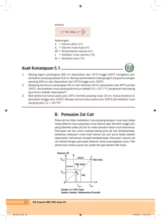 98 IPA Terpadu SMP/MTs Kelas VII
dimana
γ = 3α atau γ =
3
2
β
Keterangan:
V = Volume akhir (m3
)
V0
= Volume mula-mula (m3
)
ΔV = Pertambahan volume (m3
)
γ = Koeﬁsien muai volume (/o
C)
Δt = Kenaikan suhu (ºC)
1. Batang logam panjangnya 300 cm dipanaskan dari 25ºC hingga 225ºC mengalami per-
tambahan panjang sebesar 0,6 cm. Berapa pertambahan batang logam yang sama dengan
panjang 200 cm dan dipanaskan dari 20ºC hingga suhu 320ºC
2. Sekeping aluminium panjangnya 40 cm dan lebarnya 30 cm dipanaskan dari 40ºC sampai
140ºC. Jika koeﬁsien muai panjang aluminium adalah 2,5 10-5
/º C, berapakah luas keping
aluminium setelah dipanaskan?
3. Besi berbentuk kubus pada suhu 20ºC memiliki panjang rusuk 10 cm. Kubus tersebut di-
panaskan hingga suhu 220ºC. Berapa volume kubus pada suhu 220ºC jika koeﬁsien muai
panjang besi 1,2 105
/ºC?
Asah Kemampuan 5.1
B. Pemuaian Zat Cair
Pada zat cair tidak melibatkan muai panjang ataupun muai luas, tetapi
hanya dikenal muai ruang atau muai volume saja. Semakin tinggi suhu
yang diberikan pada zat cair itu maka semakin besar muai volumenya.
Pemuaian zat cair untuk masing-masing jenis zat cair berbeda-beda,
akibatnya walaupun mula-mula volume zat cair sama tetapi setelah
dipanaskan volumenya menjadi berbeda-beda. Pemuaian volume zat
cair terkait dengan pemuaian tekanan karena peningkatan suhu. Titik
pertemuan antara wujud cair, padat dan gas disebut titik tripel.
Gambar 5.5 Titik Tripel
Sumber Gambar: Dokumentasi Penerbit
Tekanan (P)
Pkritis
Ptripel
Ttripel
Tkritis
B
C
O uap
titik tripel
padatan
cairan
Titik kritis
A
006 bab 5.indd 98 7/18/2008 7:13:52 PM
 