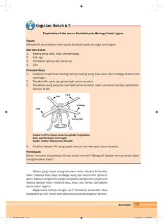 135Bab 6 Kalor
Perpindahan Kalor secara Konduksi pada Berbagai Jenis Logam
Tujuan
Menyelidiki perpindahan kalor secara konduksi pada berbagai jenis logam
Alat dan Bahan
1. Batang seng, besi, kaca, dan tembaga
2. Kaki tiga
3. Pembakar spiritus dan korek api
4. Lilin
Petunjuk Kerja
1. Letakkan empat buah batang masing-masing: seng, besi, kaca, dan tembaga di atas tripot
(kaki tiga).
2. Teteskan lilin pada ujung keempat bahan tersebut.
3. Panaskan ujung yang lain keempat bahan tersebut dalam pemanas spiritus (perhatikan
Gambar 6.20).
Kegiatan Ilmiah 6.9
4. Amatilah tetesan lilin yang cepat mencair dari keempat bahan tersebut.
Pertanyaan
Bahan manakah yang tetesan lilinnya cepat mencair? Mengapa? Apakah semua benda dapat
menghantarkan kalor?
Bahan yang dapat menghantarkan kalor disebut konduktor
kalor, misalnya besi, baja, tembaga, seng, dan aluminium (jenis lo-
gam). Adapun penghantar yang kurang baik/penghantar yang buruk
disebut isolator kalor, misalnya kayu, kaca, wol, kertas, dan plastik
(jenis bukan logam).
Bagaimana halnya dengan air? Termasuk konduktor atau
isolatorkah air itu? Untuk lebih jelasnya lakukanlah kegiatan berikut.
Gambar 6.20 Percobaan untuk Menyelidiki Perpindahan
Kalor pada Berbagai Jenis Logam
Sumber Gambar: Dokumentasi Penerbit
besi
seng
kaca
tembaga
tetesan lilin
007 bab 6.indd 135 7/18/2008 7:33:04 PM
 