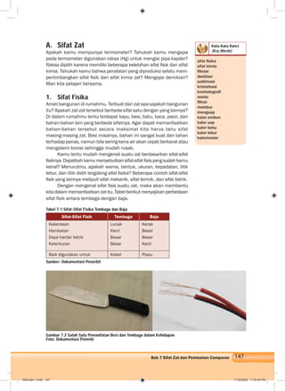 147Bab 7 Sifat Zat dan Pemisahan Campuran
Kata-Kata Kunci
(Key Words)
sifat ﬁsika
sifat kimia
ﬁltrasi
destilasi
sublimasi
kristalisasi
kromatograﬁ
residu
ﬁltrat
melebur
menguap
kalor embun
kalor uap
kalor beku
kalor lebur
kalorimeter
A. Sifat Zat
Apakah kamu mempunyai termometer? Tahukah kamu mengapa
pada termometer digunakan raksa (Hg) untuk mengisi pipa kapiler?
Raksa dipilih karena memiliki beberapa kelebihan sifat ﬁsik dan sifat
kimia. Tahukah kamu bahwa peralatan yang diproduksi selalu mem-
pertimbangkan sifat ﬁsik dan sifat kimia zat? Mengapa demikian?
Mari kita pelajari bersama.
1. Sifat Fisika
Amati bangunan di rumahmu. Terbuat dari zat apa sajakah bangunan
itu? Apakah zat-zat tersebut berbeda sifat satu dengan yang lainnya?
Di dalam rumahmu tentu terdapat kayu, besi, batu, kaca, pasir, dan
bahan-bahan lain yang berbeda sifatnya. Agar dapat memanfaatkan
bahan-bahan tersebut secara maksimal kita harus tahu sifat
masing-masing zat. Besi misalnya, bahan ini sangat kuat dan tahan
terhadap panas, namun bila sering kena air akan cepat berkarat atau
mengalami korosi sehingga mudah rusak.
Kamu tentu mudah mengenali suatu zat berdasarkan sifat-sifat
ﬁsiknya.Dapatkahkamumenyebutkansifat-sifat ﬁsisyangsudahkamu
kenal? Menurutmu, apakah warna, bentuk, ukuran, kepadatan, titik
lebur, dan titik didih tergolong sifat ﬁsika? Beberapa contoh sifat-sifat
ﬁsik yang lainnya meliputi sifat mekanik, sifat termik, dan sifat listrik.
Dengan mengenal sifat ﬁsis suatu zat, maka akan membantu
kita dalam memanfaatkan zat itu. Tabel berikut menyajikan perbedaan
sifat ﬁsik antara tembaga dengan baja.
Tabel 7.1 Sifat-Sifat Fisika Tembaga dan Baja
Sifat-Sifat Fisik Tembaga Baja
Kekerasan
Hambatan
Daya hantar listrik
Kelenturan
Lunak
Kecil
Besar
Besar
Keras
Besar
Besar
Kecil
Baik digunakan untuk Kabel Pisau
Gambar 7.2 Salah Satu Pemanfatan Besi dan Tembaga dalam Kehidupan
Foto: Dokumentasi Penerbi
Sumber: Dokumentasi Penerbit
008 bab 7.indd 147 7/18/2008 7:19:44 PM
 