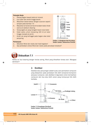150 IPA Terpadu SMP/MTs Kelas VII
Petunjuk Kerja
1. Potong bagian bawah botol air mineral.
2. Cuci pasir dan kerikil hingga bersih.
3. Masukkan bahan-bahan dengan susunan seperti
tampak pada Gambar 7.4
4. Masukkan air tanah/air keruh ke dalam botol. Amati
warna air sebelum disaring
5. Tampunglah air yang mengalir lewat mulut botol
6. Catat waktu untuk menyaring 100 ml air kotor
hingga menjadi air jernih.
7. Amati zat yang tertinggal pada bagian atas botol
penyaring.
Pertanyaan
1. Sebutkan ﬁltrat dan residu dari hasil kegiatan!
2. Destilasi
Destilasi atau penyulingan adalah suatu cara pemisahan campuran
yang didasarkan pada perbedaan titik didih komponen-komponen
penyusun campuran. Jadi, destilasi ini digunakan untuk memisahkan
campuran dari dua atau lebih cairan yang mempunyai titik didih
berbeda.
Diskusikan 7.1
Ketika air laut disaring dengan kertas saring, ﬁltrat yang dihasilkan terasa asin. Mengapa
demikian?
Gambar 7.5 Penyulingan (Destilasi)
Sumber Gambar: Dokumentasi Penerbit
Gambar 7.4 Rangkaian Alat Percobaan
Sumber Gambar: Dokumentasi Penerbit
Pasir
Kerikil
Arang
Kapas
Filtrat
2. Apa perbedaan antara ﬁltrat dan residu pada percobaan tersebut?
TermometerStatif
Larutan
Air keluar Pendingin Liebieg
Air masuk
Pemanas
Filtrat
008 bab 7.indd 150 7/18/2008 7:19:48 PM
 