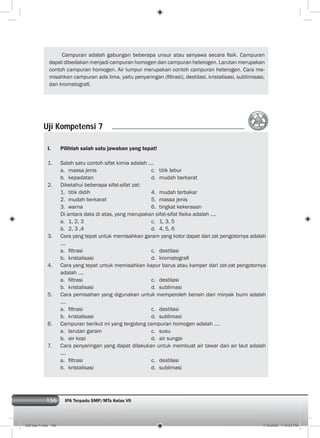 156 IPA Terpadu SMP/MTs Kelas VII
I. Pilihlah salah satu jawaban yang tepat!
1. Salah satu contoh sifat kimia adalah ....
a. massa jenis c. titik lebur
b. kepadatan d. mudah berkarat
2. Diketahui beberapa sifat-sifat zat:
1. titik didih 4. mudah terbakar
2. mudah berkarat 5. massa jenis
3. warna 6. tingkat kekerasan
Di antara data di atas, yang merupakan sifat-sifat ﬁsika adalah ....
a. 1, 2, 3 c. 1, 3, 5
b. 2, 3 ,4 d. 4, 5, 6
3. Cara yang tepat untuk memisahkan garam yang kotor dapat dari zat pengotornya adalah
....
a. ﬁltrasi c. destilasi
b. kristalisasi d. kromatograﬁ
4. Cara yang tepat untuk memisahkan kapur barus atau kamper dari zat-zat pengotornya
adalah ....
a. ﬁltrasi c. destilasi
b. kristalisasi d. sublimasi
5. Cara pemisahan yang digunakan untuk memperoleh bensin dari minyak bumi adalah
....
a. ﬁltrasi c. destilasi
b. kristalisasi d. sublimasi
6. Campuran berikut ini yang tergolong campuran homogen adalah ....
a. larutan garam c. susu
b. air kopi d. air sungai
7. Cara penyaringan yang dapat dilakukan untuk membuat air tawar dari air laut adalah
....
a. ﬁltrasi c. destilasi
b. kristalisasi d. sublimasi
Uji Kompetensi 7
Campuran adalah gabungan beberapa unsur atau senyawa secara ﬁsik. Campuran
dapat dibedakan menjadi campuran homogen dan campuran heterogen. Larutan merupakan
contoh campuran homogen. Air lumpur merupakan contoh campuran heterogen. Cara me-
misahkan campuran ada lima, yaitu penyaringan (ﬁltrasi), destilasi, kristalisasi, sublimisasi,
dan kromatograﬁ.
008 bab 7.indd 156 7/18/2008 7:19:53 PM
 