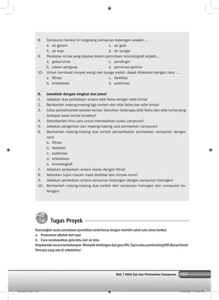157Bab 7 Sifat Zat dan Pemisahan Campuran
8. Campuran berikut ini tergolong campuran heterogen adalah ....
a. air garam c. air gula
b. air kopi d. air sungai
9. Peralatan kimia yang dipakai dalam percobaan kromatograﬁ adalah....
a. gelas kimia c. pendingin
b. cawan penguap d. pemanas spiritus
10. Untuk membuat minyak wangi dari bunga melati, dapat dilakukan dengan cara ....
a ﬁltrasi c. destilasi
b. kristalisasi d. sublimasi
II. Jawablah dengan singkat dan jelas!
1. Jelaskan dua perbedaan antara sifat ﬁsika dengan sifat kimia!
2. Berikanlah masing-masing tiga contoh dari sifat ﬁsika dan sifat kimia!
3. Coba perhatikanlah sehelai kertas. Sebutkan beberapa sifat ﬁsika dan sifat kimia yang
terdapat pada kertas tersebut!
4. Sebutkanlah lima cara untuk memisahkan suatu campuran!
5. Jelaskan pengertian dari masing-masing cara pemisahan campuran!
6. Berikanlah masing-masing dua contoh pemanfaatan pemisahan campuran dengan
cara:
a. ﬁltrasi
b. destilasi
c. sublimasi
d. kristalisasi
e. kromatograﬁ
7. Jelaskan perbedaan antara residu dengan ﬁltrat!
8. Sebutkan tujuh macam hasil destilasi dari minyak bumi!
9. Jelaskan perbedaan antara campuran heterogen dengan campuran homogen!
10. Berikanlah masing-masing dua contoh dari campuran homogen dan campuran he-
terogen.
Tugas Proyek
Rancanglah suatu percobaan (penelitian sederhana) dengan memilih salah satu tema berikut:
a. Pemisahan alkohol dari tape
b. Cara mendapatkan gula tebu dari air tebu
Kerjakanlahsecaraberkelompok.MintalahbimbingandariguruIPA/SainsataupembimbingKIR(KaryaIlmiah
Remaja) yang ada di sekolahmu!
008 bab 7.indd 157 7/18/2008 7:19:54 PM
 