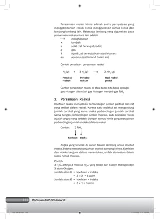 166 IPA Terpadu SMP/MTs Kelas VII166
Persamaan reaksi kimia adalah suatu pernyataan yang
menggambarkan reaksi kimia menggunakan rumus kimia dan
lambang-lambang lain. Beberapa lambang yang digunakan pada
persamaan reaksi antara lain adalah
menghasilkan
+ tambah
s solid (zat berwujud padat)
g gas
ℓ liquid (zat berwujud cair atau leburan)
aq aqueous (zat terlarut dalam air)
Contoh penulisan persamaan reaksi
N2
(g) + 3 H2
(g) 2 NH3
(g)
Pereaksi/ Pereaksi/ Hasil reaksi/
reaktan reaktan produk
Contoh persamaan reaksi di atas dapat kita baca sebagai
gas nitrogen ditambah gas hidrogen menjadi gas NH3
2. Persamaan Reaksi
Koeﬁsien reaksi merupakan perbandingan jumlah partikel dari zat
yang terlibat dalam reaksi. Karena satu molekul zat mengandung
jumlah partikel yang sama, maka perbandingan jumlah partikel
sama dengan perbandingan jumlah molekul. Jadi, koeﬁsien reaksi
adalah angka yang terletak didepan rumus kimia yang merupakan
perbandingan jumlah molekul dalam reaksi.
Contoh: 2 NH3
Koefisien Indeks
Angka yang terletak di kanan bawah lambang unsur disebut
indeks. Indeks menyatakan jumlah atom di samping kirinya. Koeﬁsien
dan indeks berguna dalam menentukan jumlah atom-atom dalam
suatu rumus molekul.
Contoh:
3 H2
O, artinya 3 molekul H2
O, yang terdiri dari 6 atom Hidrogen dan
3 atom Oksigen.
Jumlah atom H = koeﬁsien indeks
= 3 2 = 6 atom
Jumlah atom O = koeﬁsien indeks
= 3 1 = 3 atom
009 bab 8.indd 166 7/18/2008 7:21:30 PM
 