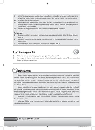 178 IPA Terpadu SMP/MTs Kelas VII178
1. Faktor-faktor apa sajakah yang mempengaruhi reaksi kimia?
2. Apa pengaruh ukuran partikel dan suhu reaksi terhadap kecepatan reaksi? Sebutkan contoh
dalam kehidupan sehari-hari!
Asah Kemampuan 8.4
Rangkuman
Materi adalah segala sesuatu yang memiliki massa dan menempati ruang atau memiliki
volume. Materi dapat mengalami perubahan ﬁsika dan perubahan kimia. Jika suatu materi
mengalami perubahan dengan menghasilkan zat baru, maka materi tersebut mengalami
perubahan kimia. Jika materi hanya mengalami perubahan wujud atau bentuk, maka tergolong
perubahan ﬁsika.
Dalam reaksi kimia terdapat dua komponen, yakni reaktan atau pereaksi dan zat hasil
atau produk. Persamaan reaksi menggambarkan zat-zat yang terlibat dalam reaksi yang ditulis
dalam lambang kimia atau rumus kimia. Persamaan reaksi, sesuai dengan hukum kekekalan
massa, artinya massa zat sebelum reaksi sama dengan massa zat sesudah reaksi.
Beberapa ciri reaksi kimia yakni menimbulkan endapan, mengalami perubahan warna
dan perubahan suhu.
Beberapa faktor yang mempengaruhi laju reaksi, yaitu faktor ukuran partikelnya dan
faktor perubahan suhu.
9. Setelah terpasang rapat, angkat ujung kedua balon secara bersama-sama sehingga isinya
tumpah ke dalam botol. Lepaskan bagian balon dan biarkan balon menggelembung.
10. Amati perubahan yang terjadi.
11. Bandingkan hasil pengamatan kamu pada kedua botol yang meliputi perbedaan suhu dan
lamanya waktu balon untuk menggelembung (dalam menit). Sajikan hasil pengamatan
kamu dalam bentuk tabel
12. Diskusikan dengan temanmu untuk membuat kesimpulan kegiatan.
Pertanyaan
1. Berapa menitkah perbedaan waktu antara reaksi pada botol A dibandingkan dengan
botol B?
2. Manakah balon yang lebih cepat menggelembung? Mengapa balon itu cepat meng-
gelembung?
3. Bagaimana jika suhu pada botol B dinaikkan menjadi 80o
C?
009 bab 8.indd 178 7/18/2008 7:21:40 PM
 